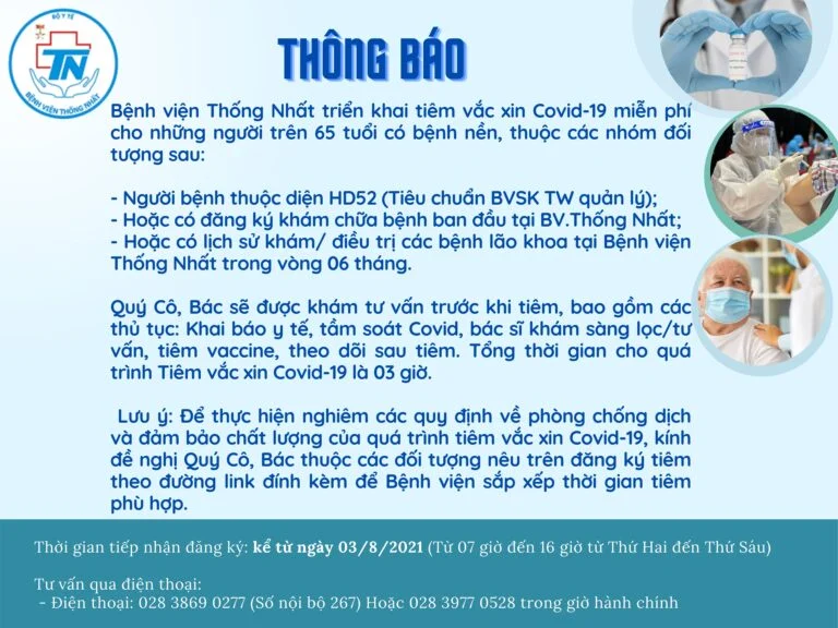 Bệnh viện Thống Nhất triển khai tiêm vắc xin cho đối tượng trên 65 tuổi có bệnh nền