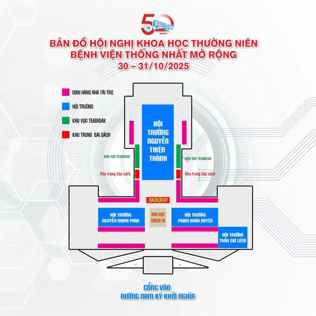 Chương trình hội nghị năm 2025 tại Bệnh viện Thống Nhất, gồm các phòng hội thảo và khu vực triển lãm.